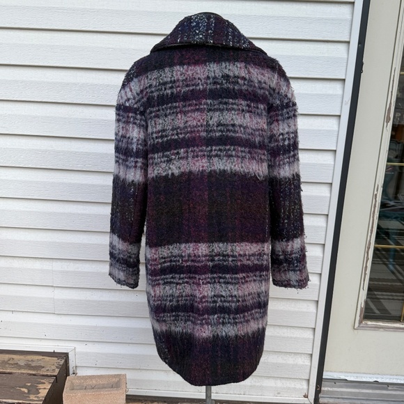 Lucky Brand Cozy fuzzy plaid overcoat in deep plum, charcoal, and soft grey - Picture 2 of 8